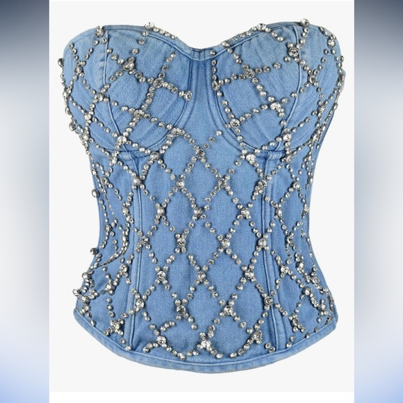 NWOT-Amazon Denim rhinestone Corset top - Picture 2 of 8